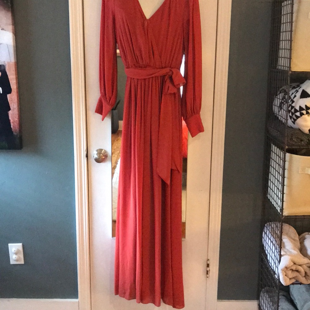 Orange Red Chiffon Long-sleeves Maxi Dress